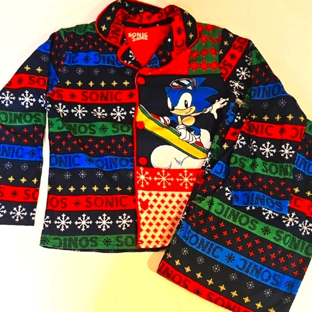 Sonic Hedgehog Vibrant Multi-color PJ Pajama Set Winter Christmas Boy 8 EUC